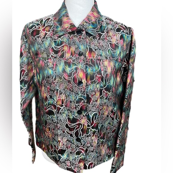 🔥🔥Chico's Blazer Floral Silver Metallic Rayon Silk Blend Size 1 Small - Picture 1 of 5